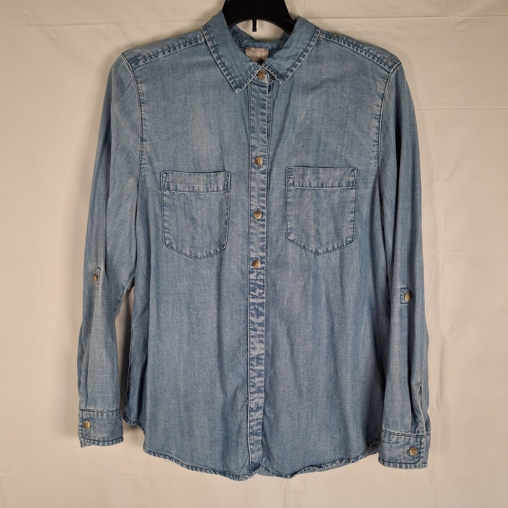 Chicos Size 1 Chambray Button Up Tunic Long Roll Tab Sleeves‎ Casual Normcore
